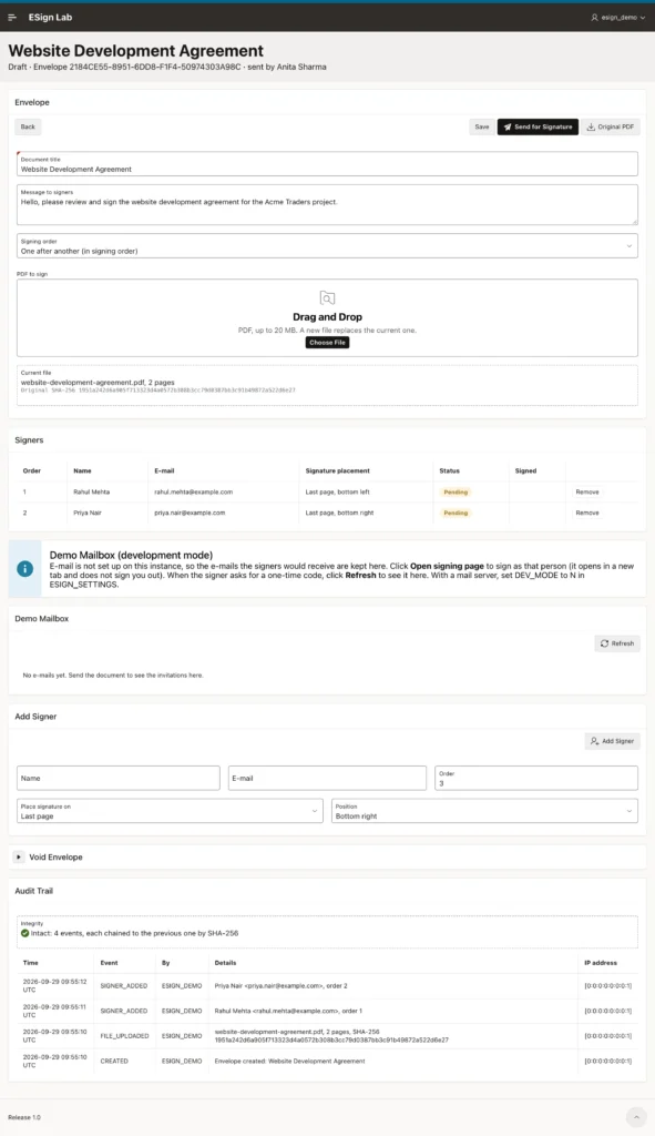 Draft envelope with two signers and the audit trail