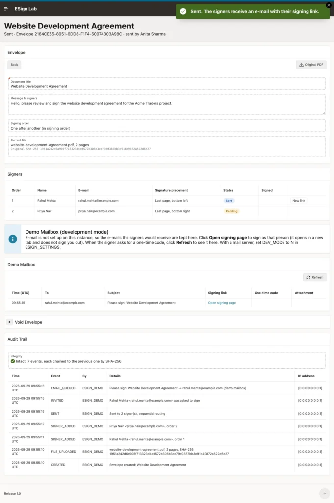 Sent envelope with the first signer invited and the demo mailbox