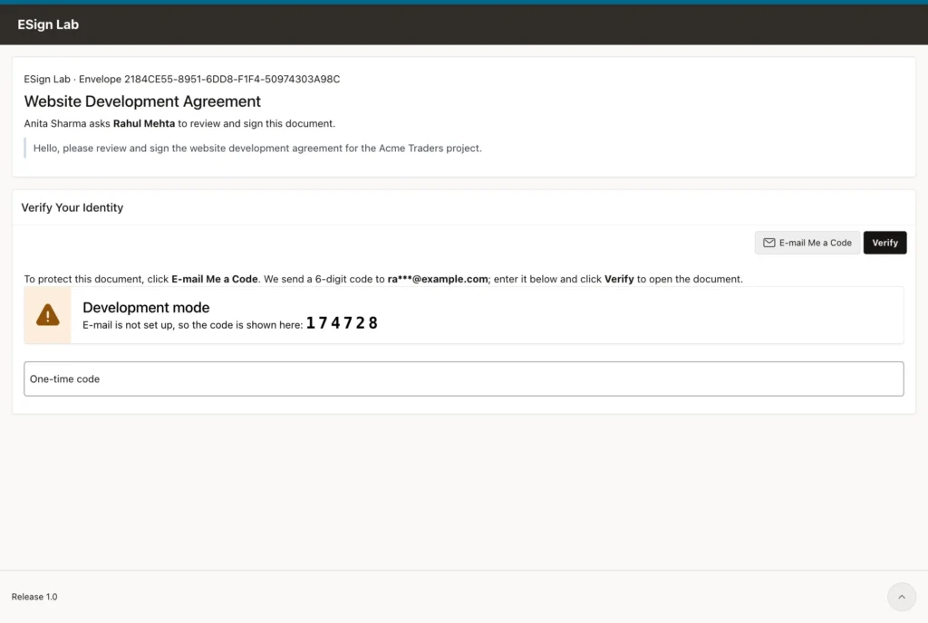 Signing page showing the development mode one-time code