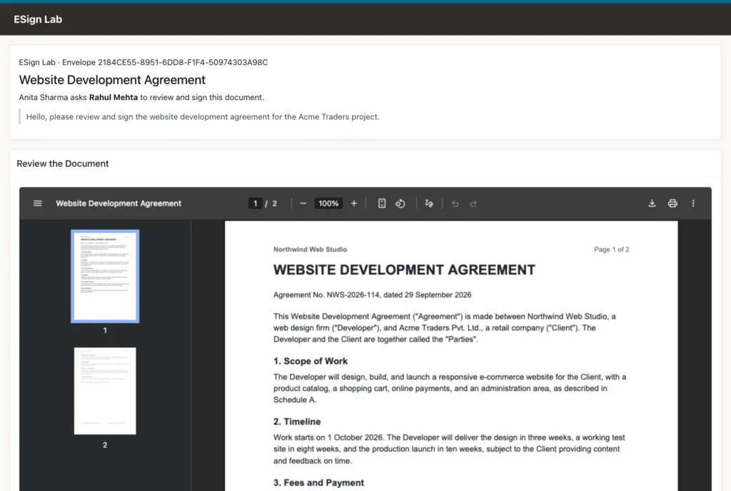Signing page showing the PDF in the browser viewer