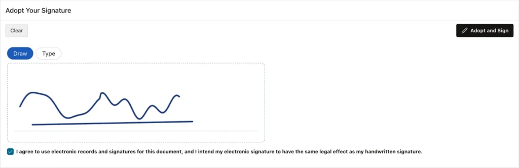 Signature pad with a drawn signature and the consent checkbox