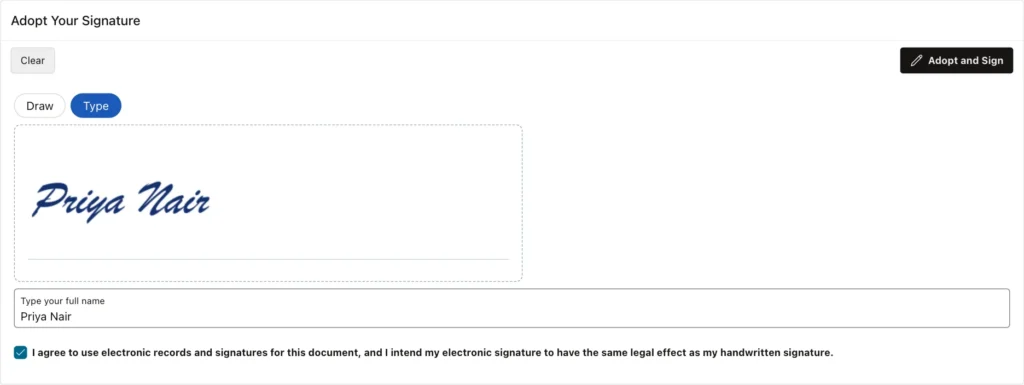 Typed signature on the signature pad
