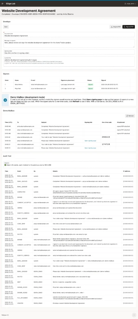 Completed envelope with signers, demo mailbox and audit trail