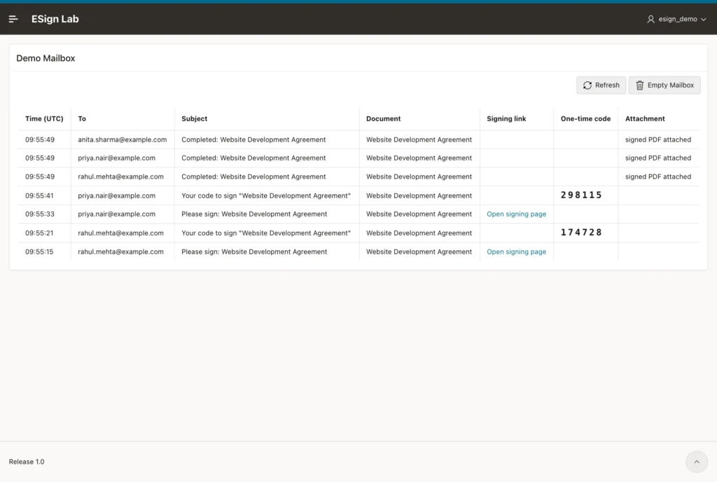 Demo Mailbox page with all e-mails