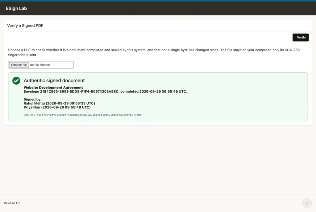 Verify page reporting an authentic signed document