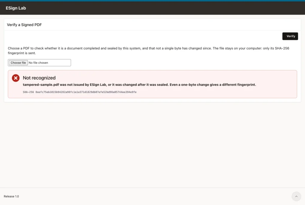 Verify page reporting a file that is not recognized