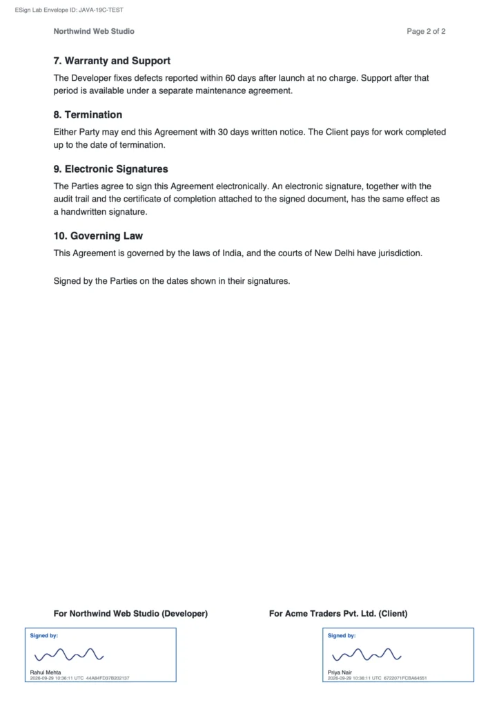 Last page of a PDF signed with the Java engine, with two signature stamps