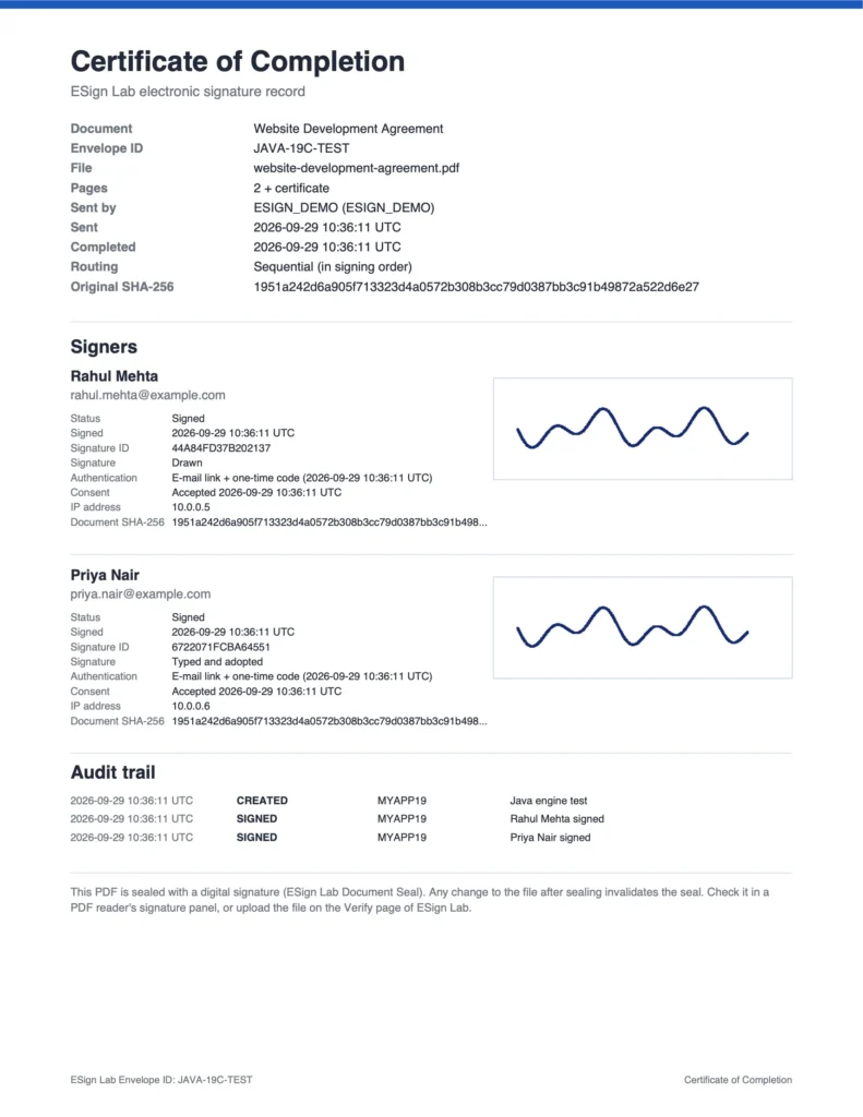 Certificate of completion produced by the Java engine