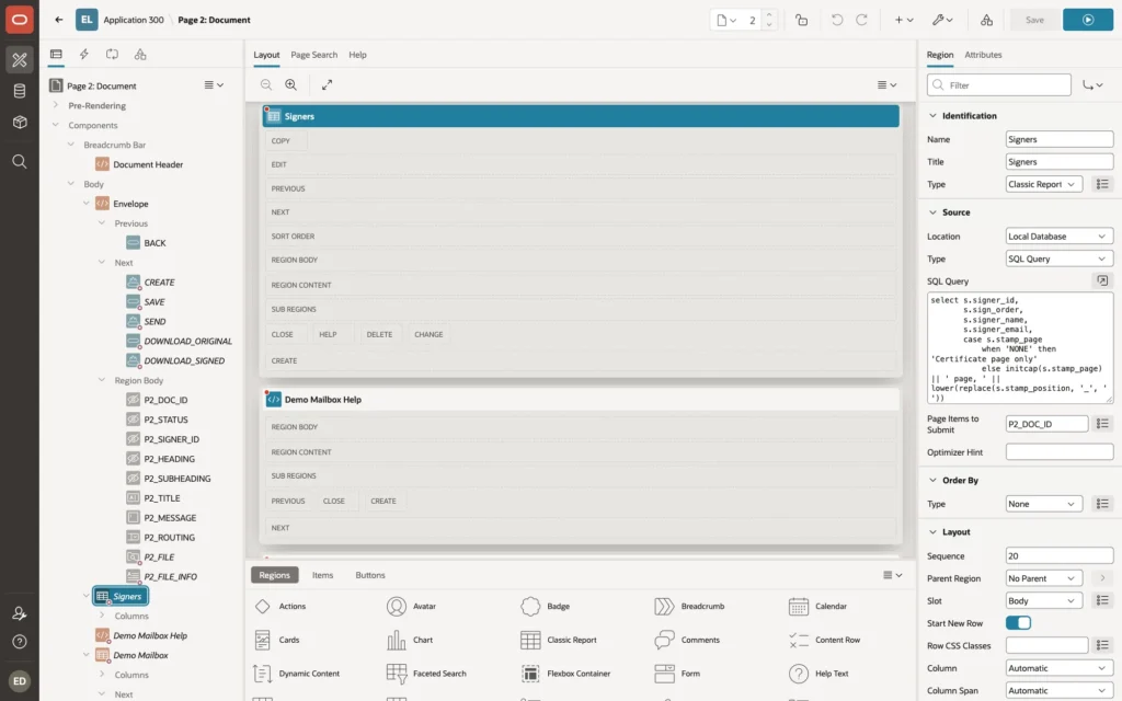 Page Designer showing page 2 with the Signers report selected