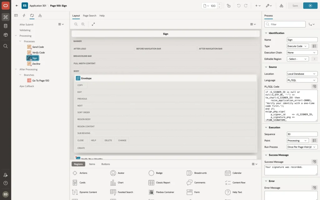 Page Designer showing the Sign process of page 100