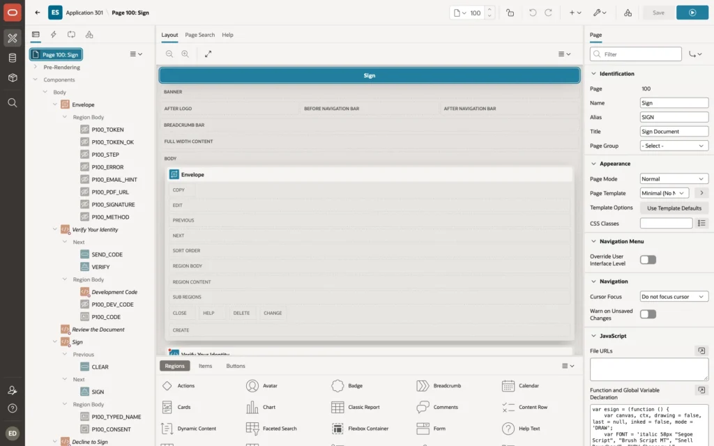 Page Designer showing page 100 components and its JavaScript property