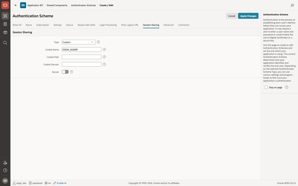 Authentication scheme with session sharing type Custom and cookie name ESIGN_SIGNER