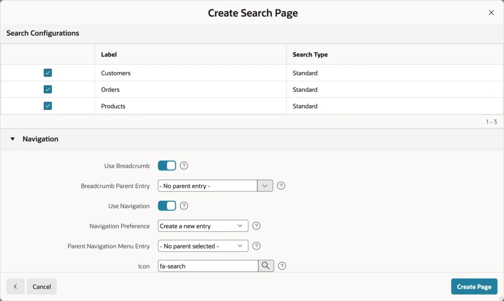 Creating a search page across several configurations in Oracle APEX