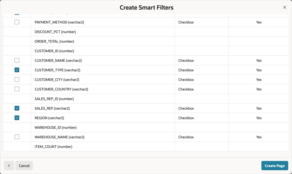 Choosing which columns become smart filters in Oracle APEX