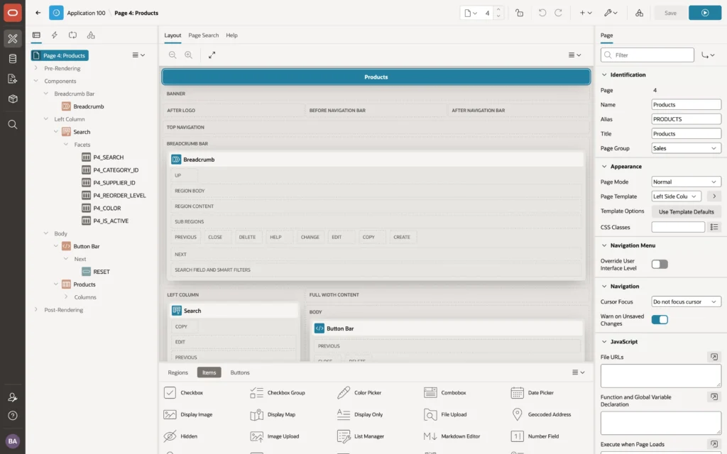 A faceted search page open in Oracle APEX Page Designer