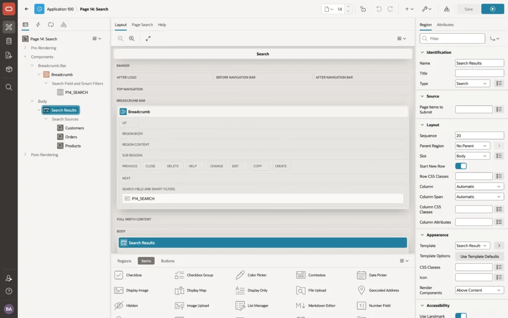A search page open in Oracle APEX Page Designer