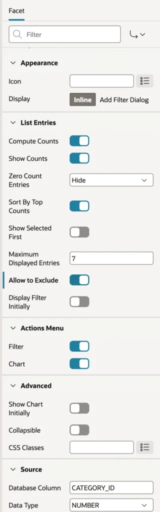 The Allow to Exclude setting on a facet in Oracle APEX 26.1