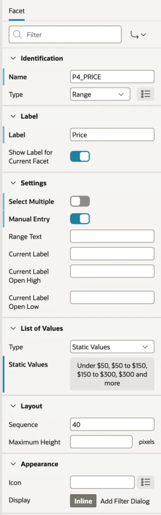 The properties of a price range facet in Oracle APEX