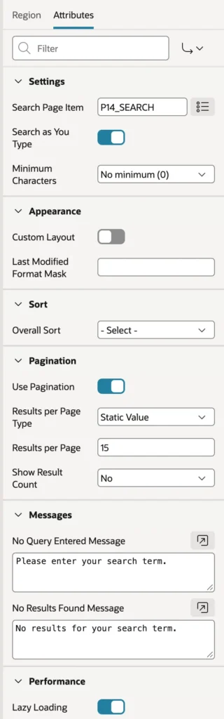 The attributes of a Search region in Oracle APEX
