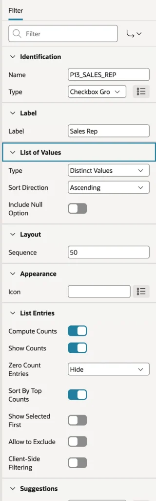 The Suggestions settings of a smart filter in Oracle APEX