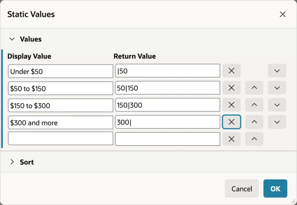 Static values defining the ranges of a range facet in Oracle APEX