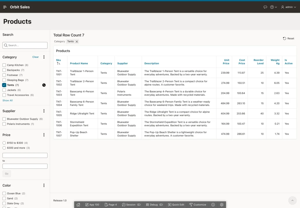 A product report filtered by one facet value in Oracle APEX