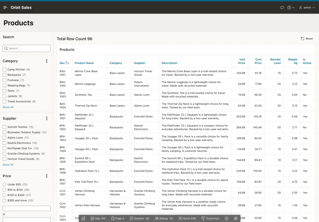 A faceted search page filtering products in Oracle APEX