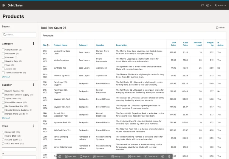 A faceted search page filtering products in Oracle APEX