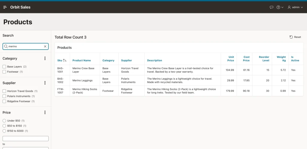 A search facet filtering products by a typed word in Oracle APEX