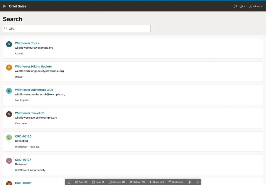 Searching customers, products, and orders at once in Oracle APEX