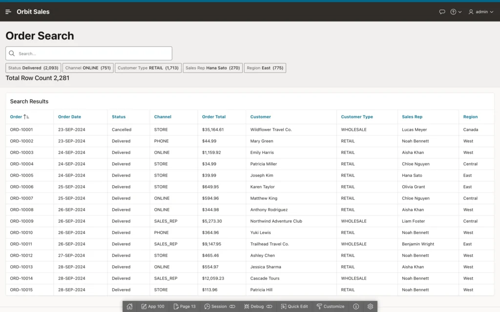 A smart filters page with suggestion chips in Oracle APEX
