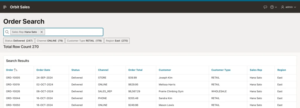 A suggestion chip applied as an active filter in Oracle APEX