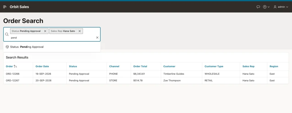 Typing in a smart filter search field suggesting values