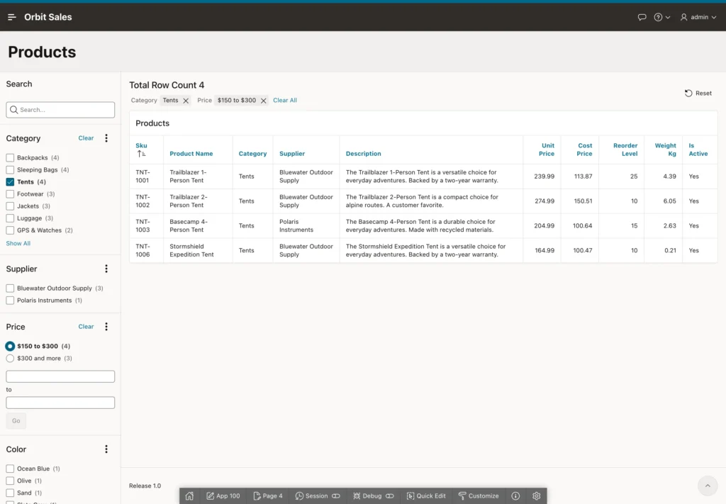 Two facets combined to filter a report in Oracle APEX
