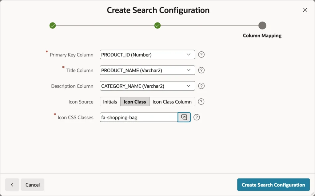 Mapping columns to the parts of a search result in Oracle APEX