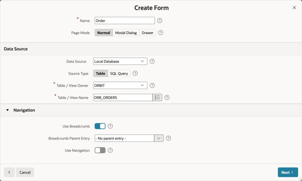 The first step of the Create Form wizard in Oracle APEX