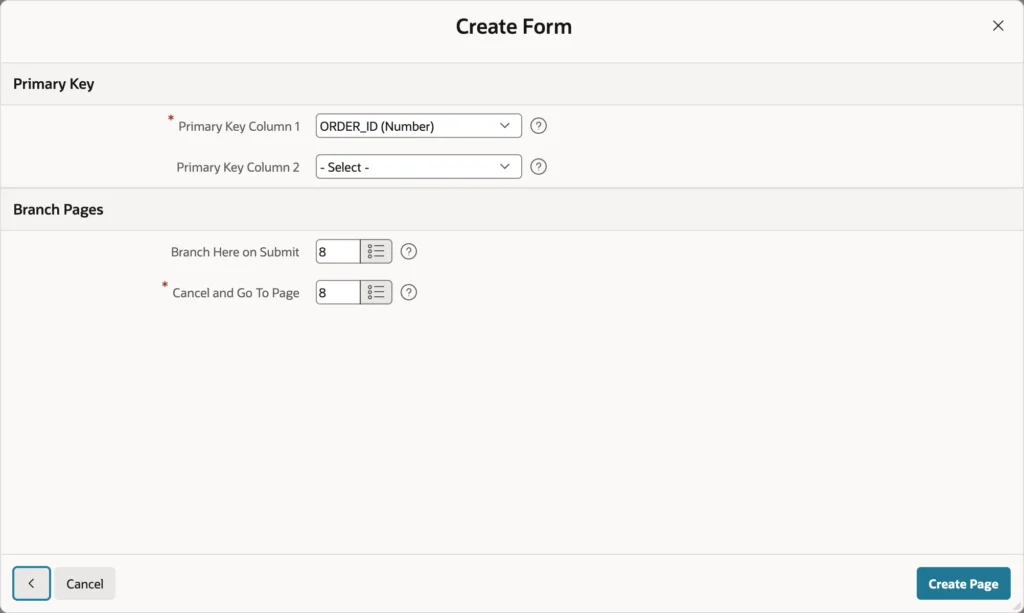 Setting the primary key and branch pages in the APEX form wizard