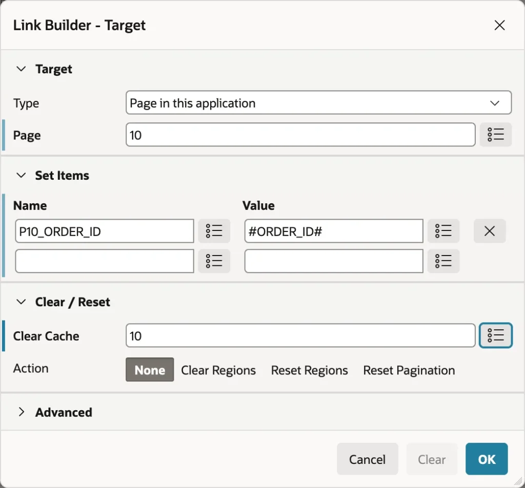 Setting a report link column to a custom target in Oracle APEX