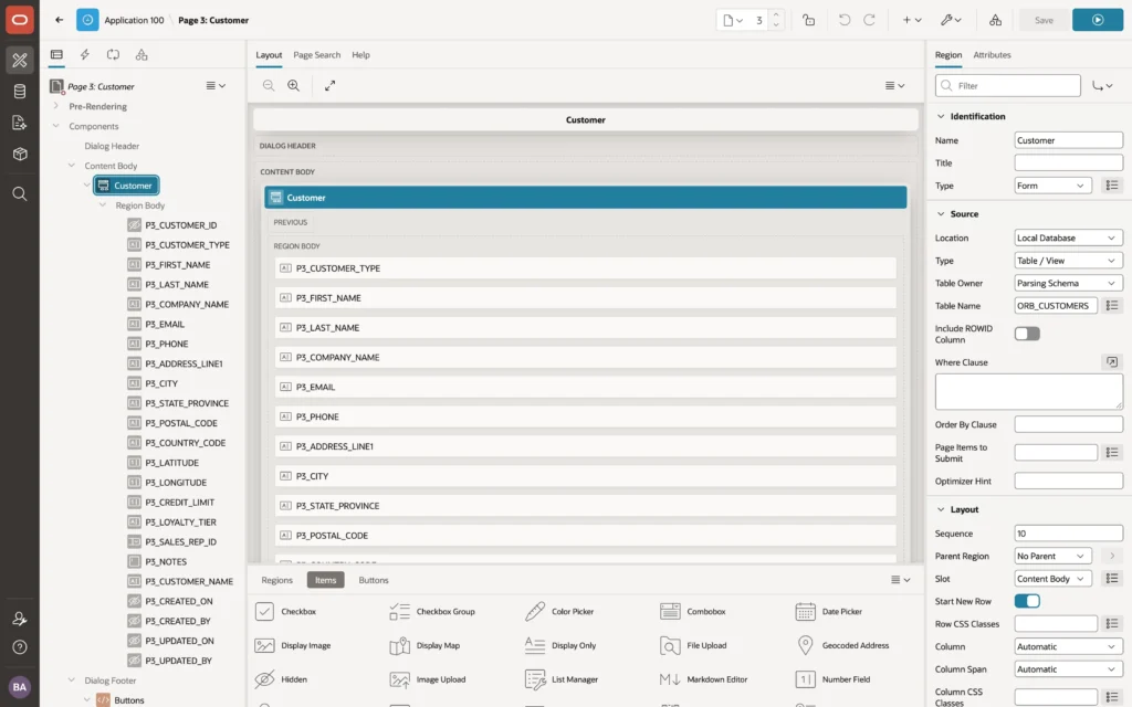 A generated form page open in Oracle APEX Page Designer