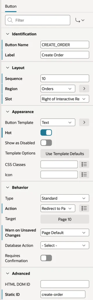 A Create button placed beside the search bar of a report in Oracle APEX