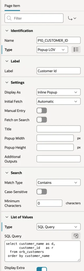 Configuring a popup list of values for a customer item in Oracle APEX