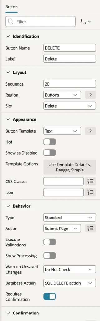 Button properties showing a database action in Oracle APEX