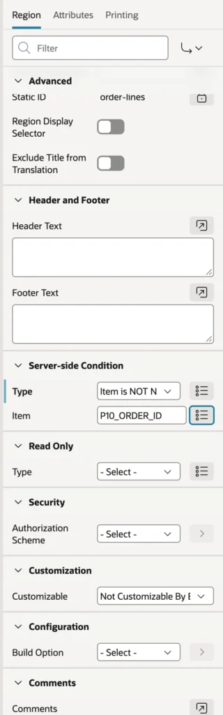 An interactive grid region linked to a form by a bind variable in Oracle APEX