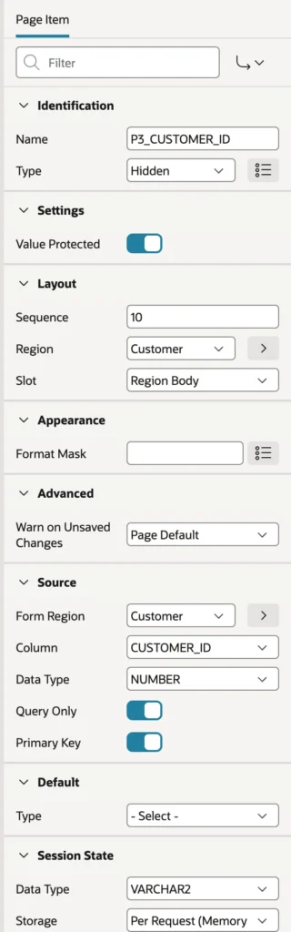 The primary key item properties of a form in Oracle APEX