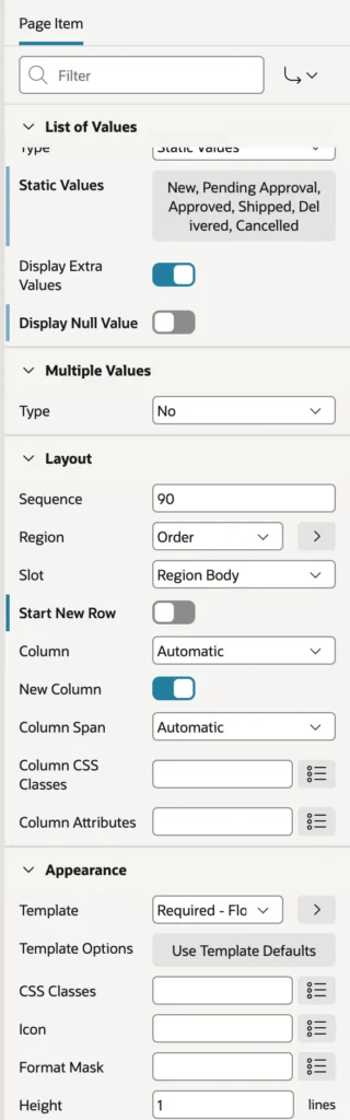 A select list item with a static default value in Oracle APEX