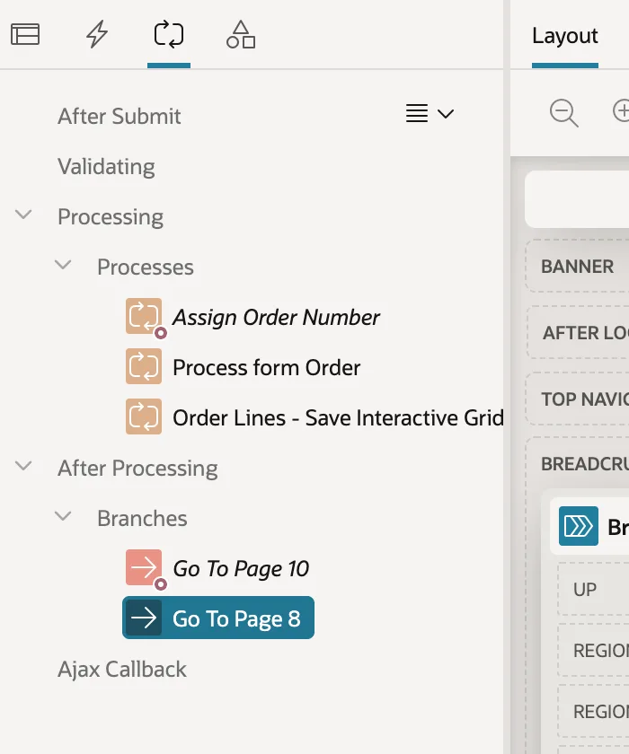 The processing tree of a form and grid page in Oracle APEX