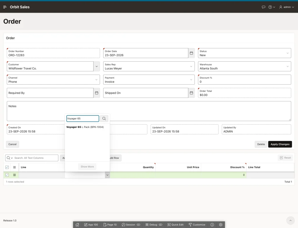 Choosing a product for an order line in an Oracle APEX grid
