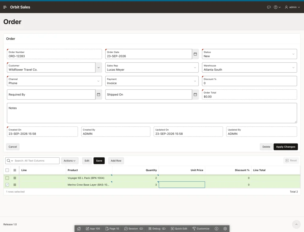 Order lines entered with prices left blank in Oracle APEX