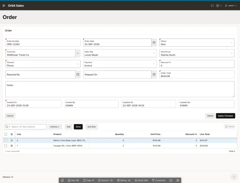 A completed order showing prices and total calculated by the database