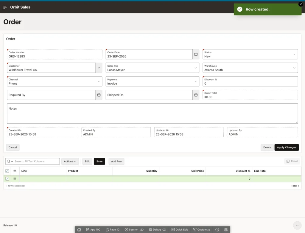 A saved order with its lines grid ready for input in Oracle APEX